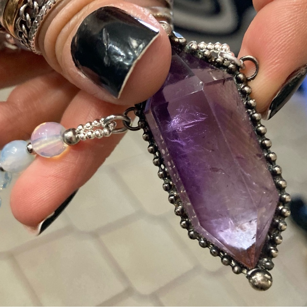Amethyst , Herkimer diamonds crystal quartz & blue opalite beads boho necklace - Picture 10 of 16